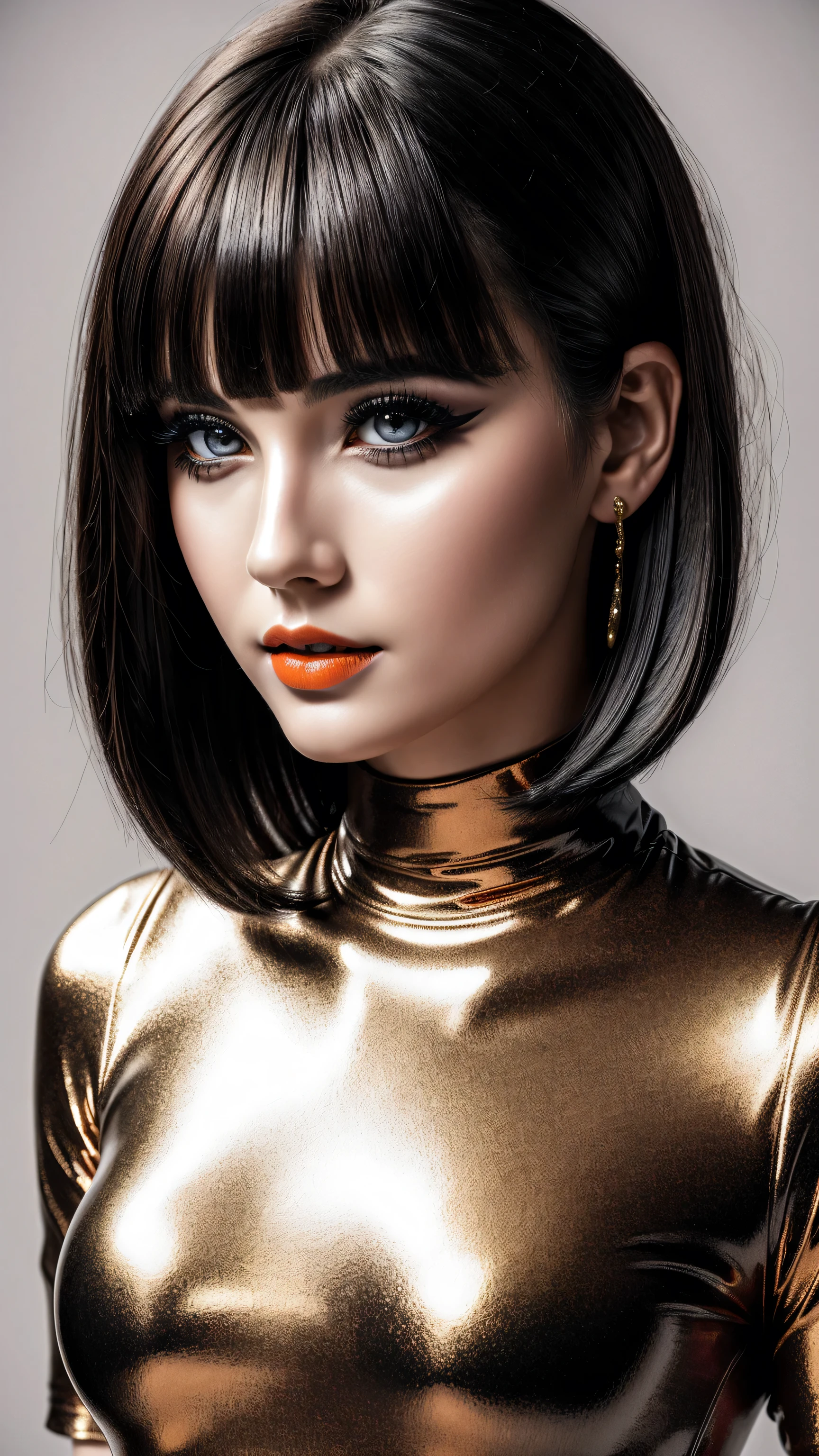 photorealism 16K realism, ((Hyper-realistic proportional body, anatomically correct:1.3)), ((ultra-fine digital art)), (intricately detailed beautiful face), (light pale complexion), BREAK, ((small round head)), (high detailed Super beautiful slim and sharp-face), (best highest detailed realistic black_eyes:1.28), ((super realistic sharp-eyes:1.2)), (tired and sleepy and satisfied:0.0), close up of a woman's eyes, perfect round eyes, finely detailed pupils,BREAK,detailed lips:1.3,pink_makeup:1.22, (long_blue_eyeliner:1.15), (red_lipstick:1.35),((perfect dark_eyeshadows:1.4)), (super detailed professional makeup on eyes:1.3), (Detailed nose:1.2), (best high quality real texture skin:1.3), [blond: hair:1.3], (short hair blond, ((bangs combed to the two side)) Intricately detailed:1.37), beautiful cheekbones, dramatic lighting, ((perfect composition)), pale skin, ((dry skin)), only 1 female, petticoats, (high neckline), (lace ultra details), (Intricately detailed workmanship), ((unconventional skirt, transparent PVC in the shade of ORANGE:1.2)), ((Shiny ORANGE [Transparent:1.3] Holographic Full Bodysuit: 1.3)), cinematic light, detailed background of a large park with trees, dynamic pose, ((no decorations in the hair)), (dark shot:1.1), (firm normal full breasts), ((full body shot:1.3))