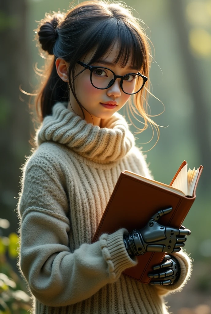 Girl wearing glasses with black butterfly frame wearing woollen sweater and with one of her legs with tin legs. She is having a leather book in her hand