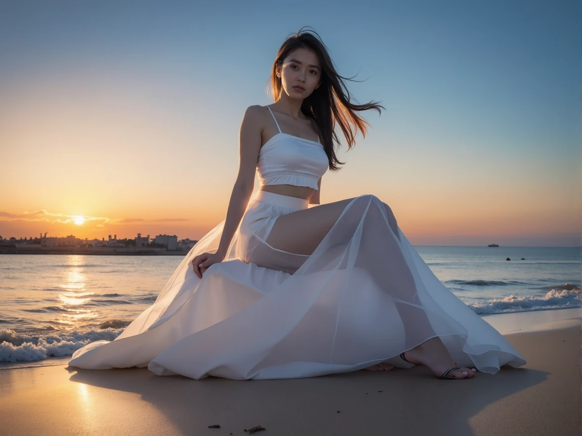 (Front focus), (masterpiece, top quality, the best, official art, Beauty and Aesthetics: 1.2), 1 girl lying on beach chair look up at the night sky, sad, Sitting by the sea, beach, night, look up, Sunset, Sunset, Looking at the sky absentmindedly, Wear a long skirt, White long skirt, (Half-length photo: 1.5), dynamic poses, original photo, contemporary aesthetics, Bright light, Backlight, original photo, sharp focus, realistic feeling, movie lighting, Volumetric lighting,