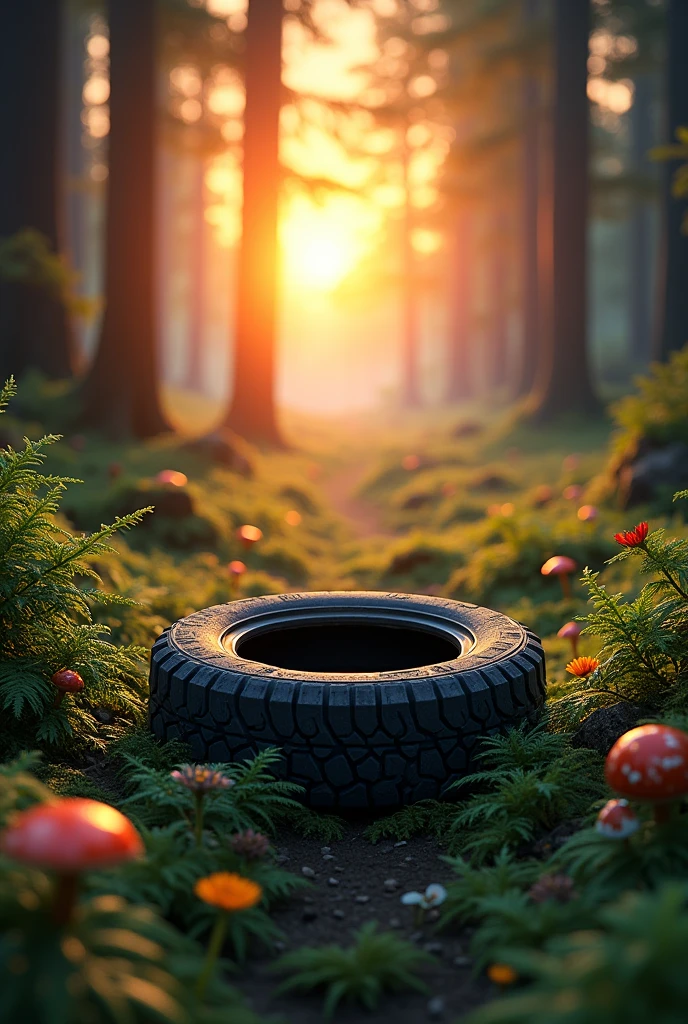 A tire in a forest at sunset 