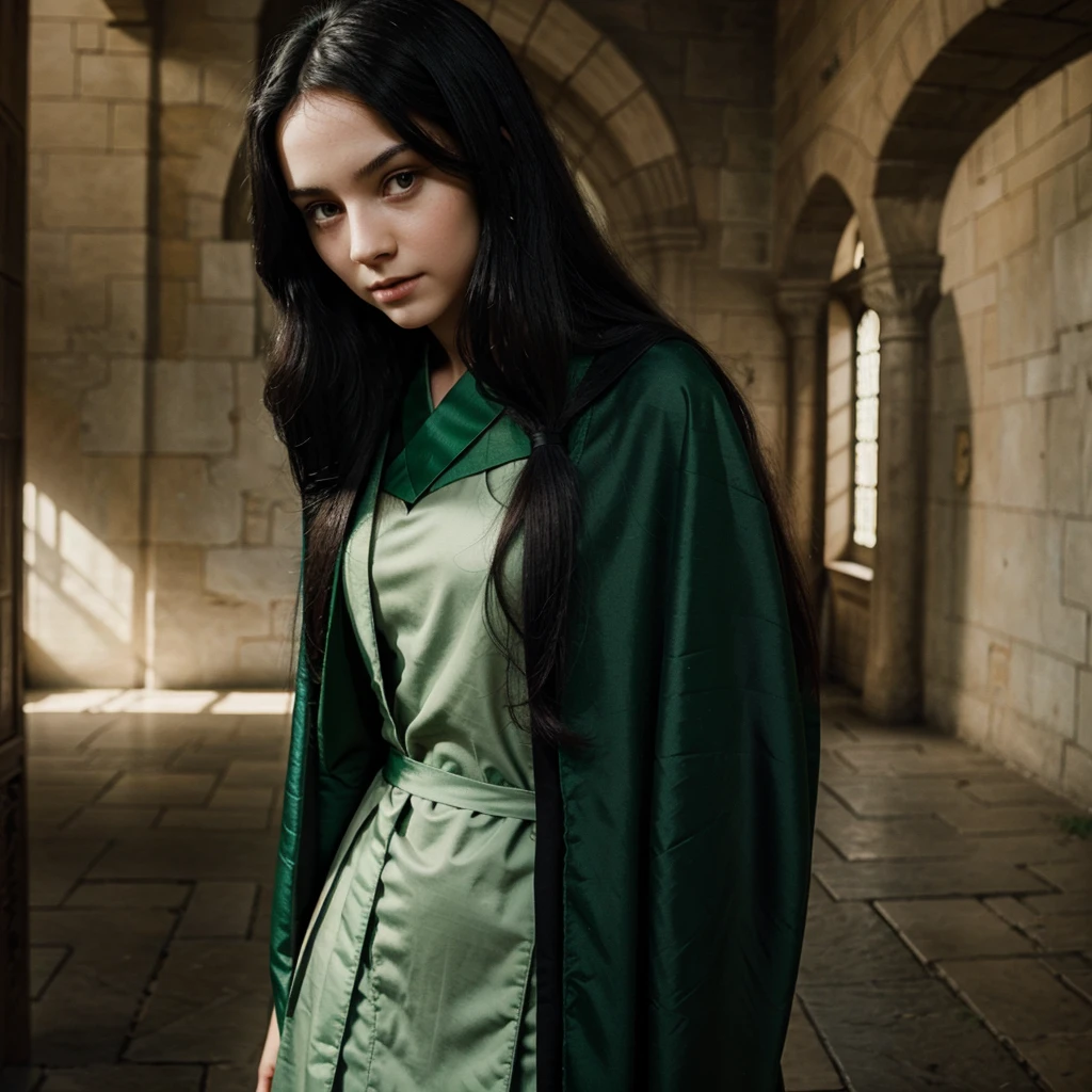 Make a beautiful thin girl with black long hair and bright green eyes colour wearing hogwarts robe as slytherin