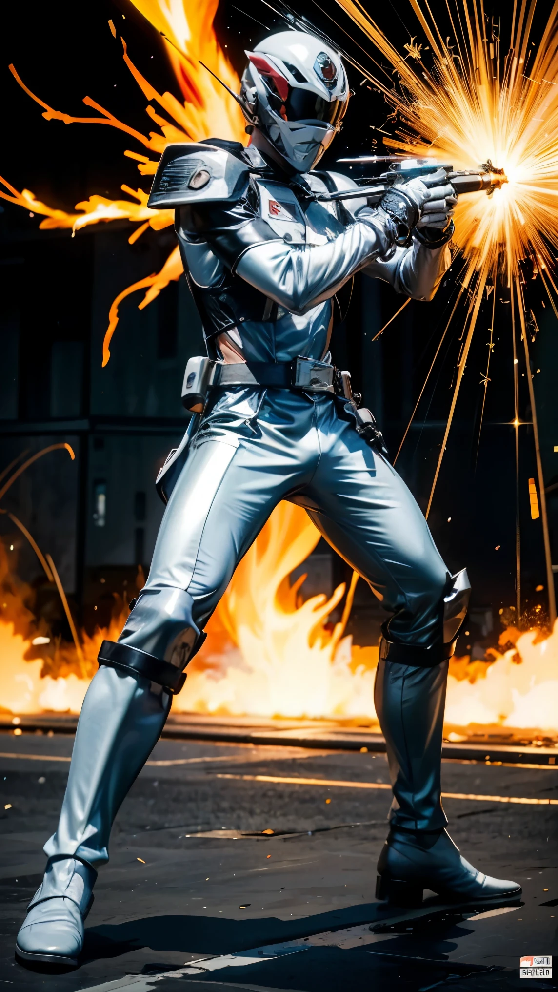 1boy, white, full body, Illustration, cinematic light, high resolution, best quality, ultra detailed, masterpiece, power suit, powerranger, suit, spd, (silver royal guard ranger suit), gold detail, holding white pistol, flowing, light armor,  martial arts, dynamics, flames, particles