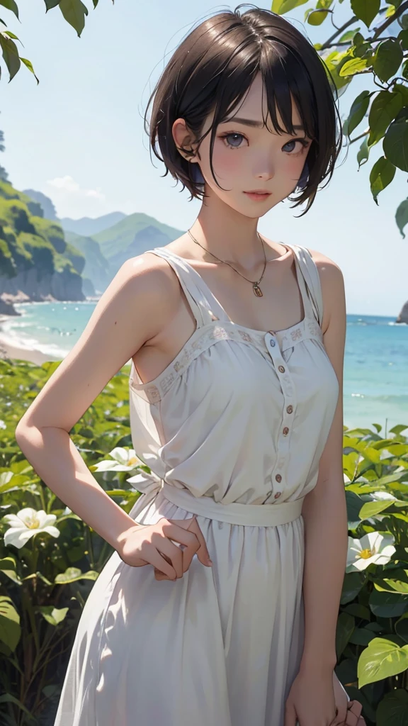 High resolution, Highest quality, super high quality, Very detailed, 8K、Swimwear、、Embarrassing、Sweaty、Sweat、Embarrassing、(masterpiece:1.2, Highest quality), (Realistic, photoRealistic:1.4), Beautiful illustrations, (Natural Side Lighting, Cinema Lighting), View your viewers, whole body, 1 Girl, Japanese, high school girl, Perfect Face, Cute and symmetrical face, Shiny skin, Baby Face, (short hair, Low twin tails,Black Hair), Hair between the eyes, black eye, Big eyes, Droopy eyes, (Center of chest, Captivating thighs, Big Ass)