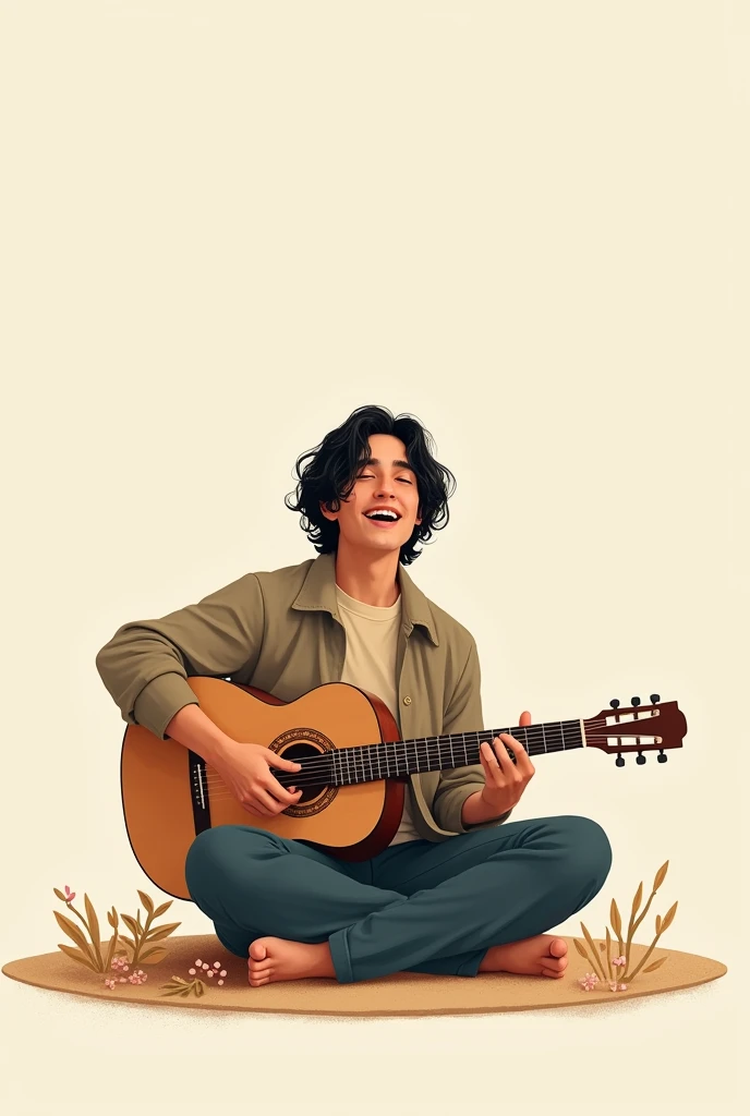 I&#39;d like an illustration of a man with lightly curled black hair that reaches his shoulders, sitting cross-legged and holding a guitar, singing happily.