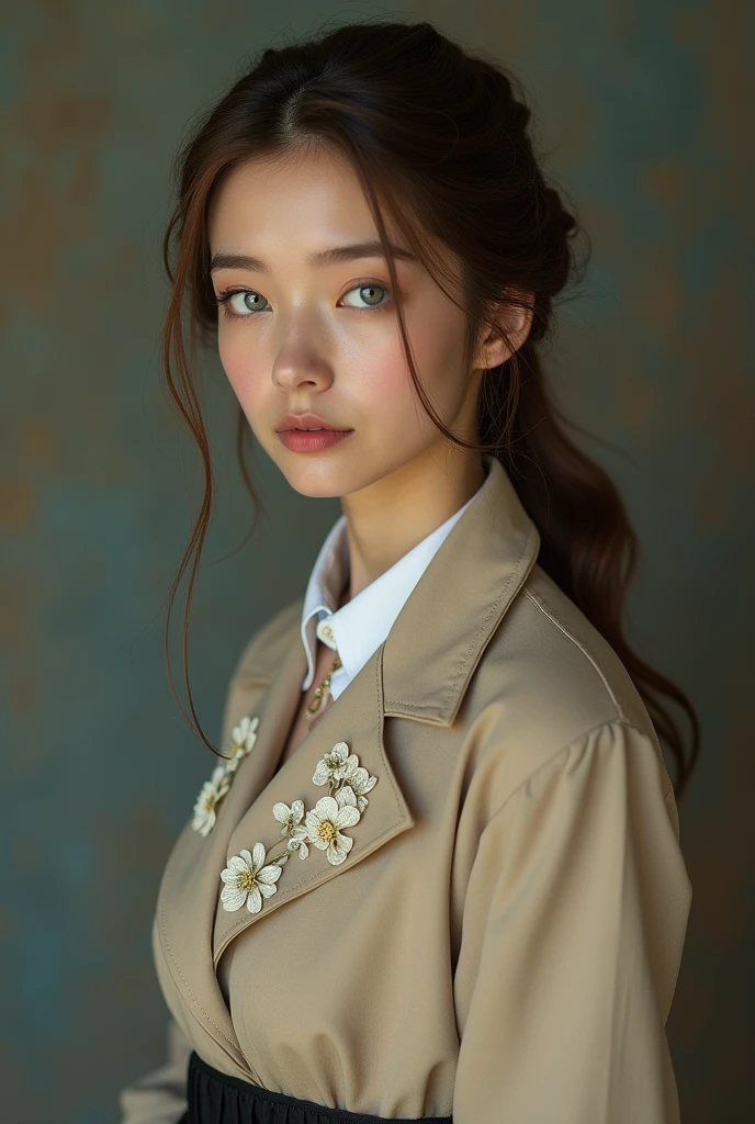 a beautiful lady, with a face shaped like a goose egg, a high nose bridge, thin lips, and a pair of pale blue eyes that resembled clear spring water.
Her long brown hair parted in the middle, tied in a simple but delicate knot at the back of her head as they flowed down.
She didn't wear a hat, only wearing a beige coat which was tight at the waist. Her collar was covered with palm-sized flowers woven from white lace.
Matching her coat was a dark-colored skirt which reached her knees. The pleats of her skirt were connected, looking slightly fluffy. On her feet were a pair of leather boots that shared the same color as her hair.