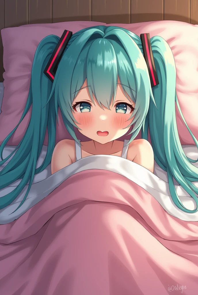 Hatsune Miku,cute expression,shameful expression,Take a shit,in bed