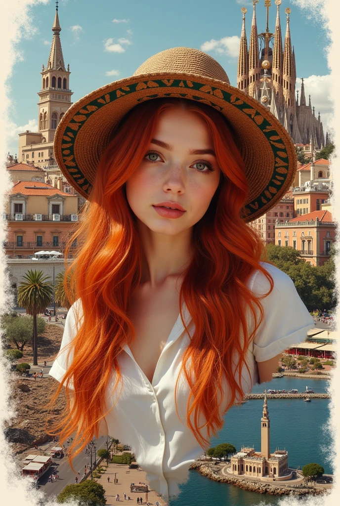 Imagine collage of all the places in Barcelona with a red-haired white woman with a capul