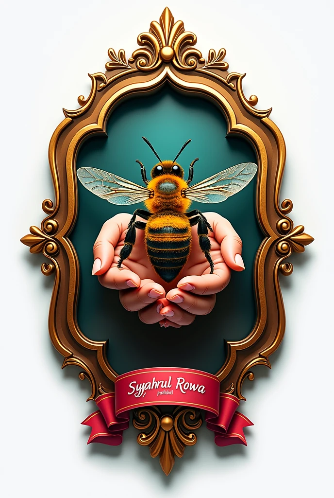 Logo design: shapes and frames: elongated, double-rimmed logo with an exquisitely carved engraving. Center picture: in the middle of a frame, place a perfectly realistic picture of a real bee in the hands clenched. Writing and ribbon: below the picture of the bee, add the bow with the inscription "syahrul rowa" in 3d model. Above the bee image, add "241" also to the 3d model. Color and effect: use a metallic shades of red and blue for the entire logo. The words "syahrul rowa" and "241" had to be made of gold and silver glass with a hue of green and pink. Background: transparent, with which logos can be applied to various backgrounds.