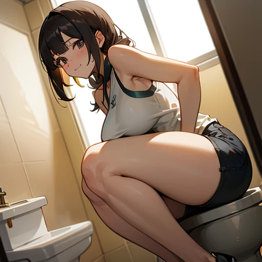 ((girl)), Ray Tracing, (Golden Light) [Detailed背景 (toilet)), Squat down and stick your butt out, action (Performance (Energetic) 
短い三つ編みポニーテールの赤髪のgirl, Mischievous Smile. Thick thighs. Detailed, Beautiful Face, Black colored eyes. She has big breasts. Crotch focus. Cotton shorts, A loose, thin white tank top, Show off your breasts. Pay attention to the butt. Big、Is excreting