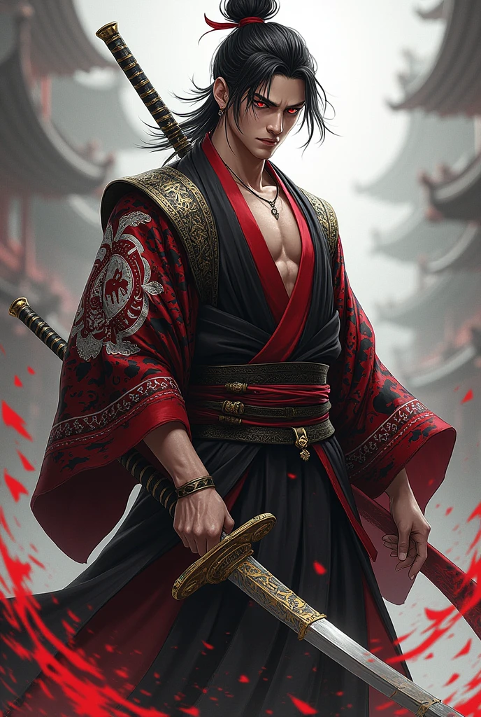 Create a This athletic male character of 2.30 meters dark-haired man has a striking presence holding a sword. Her black hair is tied in a high bun, with loose strands falling softly around her face, accentuating his sharp features. Their eyes, penetrating and red in color, convey an intense and calculating look, implying that he is someone with great power and a strategic mind.He wears an elaborate kimono, adorned with intricate patterns in red, black andwhite, symbolizing a mix of Wano traditions and a dark twist that may hint at its Teach heritage