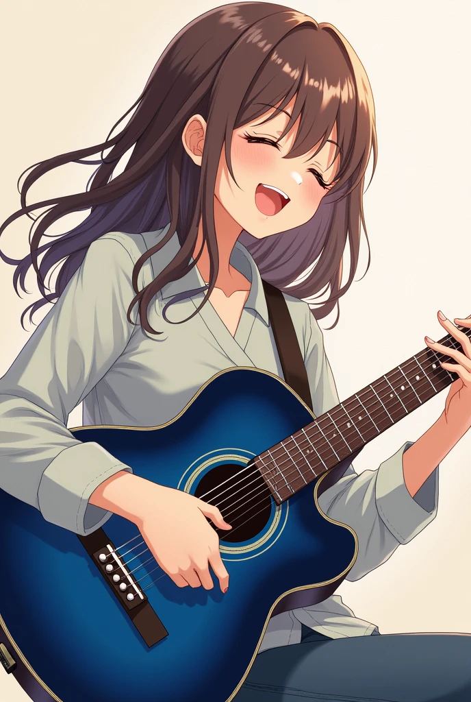 Japanese woman playing a deep blue guitar、Hair color is brown、Singing with a smile。An illustration。