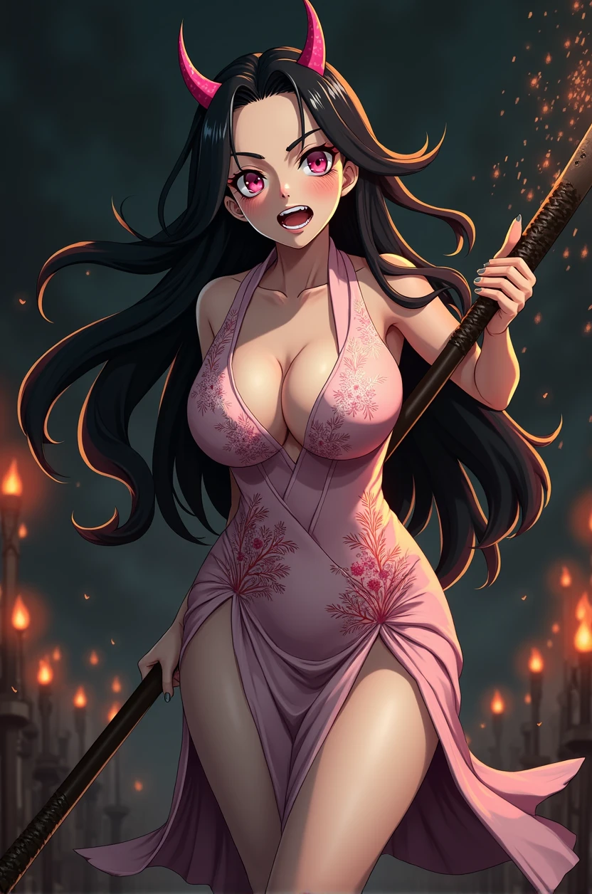 (ultra realistic photo of nezuko kamado goddess of beauty, bright pink eyes, Angry angry expression, She has horns, 8k, Ultra-high resolution, 超Huge breastsを持つ美女, Huge, long breasts protruding from her kimono, erotic, Long black hair and orange hair tips, Sexy pink Japanese kimono ), nezuko with a piece of bamboo stuck up her ass, (nezuko, nezuko-chan, Demon Slayer Art Style, Kimetsu On Yaiba), Hentai Female Anime Characters, (nezuko, In the form of a devil, Huge breasts, Huge, long breasts sticking out from her clothes, Her breasts are spilling out of her dress, Showing off her beautiful pointy breasts), ( she has leaf tattoos running down her sexy erotic body), Demon Slayer fan art, Swinging a Kunai, Beautiful and detailed anime art, Very beautiful woman, by Kamaguruka, Professional art, Perfect details, (nezuko kamado in her demonic form, based on the demon slayer kimetsu no yaiba), Cleavage、((The flames flicker、Sparks fly、fire burns))