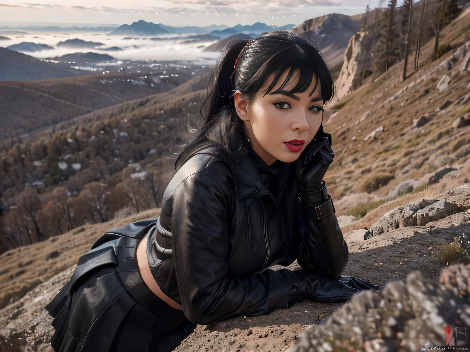 proFessional  photograph oF a gorgeous eyes closed soaked Bettie page girl and  her lover, dressed with a large black leather coat,ponytail Black hair, red lipstick,black long maxi-skirt(black long maxi-skirt:1.2),sultry Flirty look, gorgeous symmetrical Face, joli maquillage naturel, wearing elegant warm winter Fashion clothing,flirting with the camera, ((black leather gloves)),  ((on a mountain with her lover fucking her in the ass)), ultra realistic, art conceptuel, elegant, Very detailed, complexe, sharp Focus, depth oF Field, F/1. 8, 85mm, (((proFessionally color graded))), bright soFt diFFused light, (volumetric Fog), tendance sur Instagram, hdr 4k, 8K