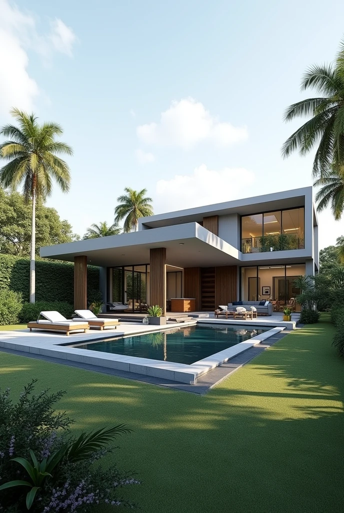 Maison 100m2, plein pied moderne, facade grise, terrain 2000m2, piscine enterrée, palmiers, haute resolution 8k, plein de details