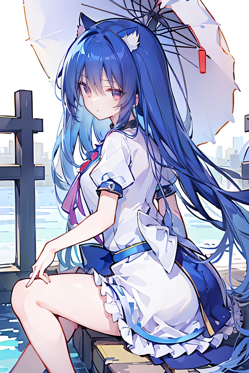(masterpiece:1.2)，Ultra-detailed，lifelike，The eyes are expressive，Fair skin，Perfect face shape，1 girl，
Japanese Manga，Gorgeous blue hair，Flowing blue hair，Flowing clothes，Cat&#39;s ears，Petals falling，Beautiful Lola，little angel，
Cross your legs，Gentle and peaceful background，The pavilion is cool and comfortable，Smile，Tokyo background，background，snow，winter，Back。