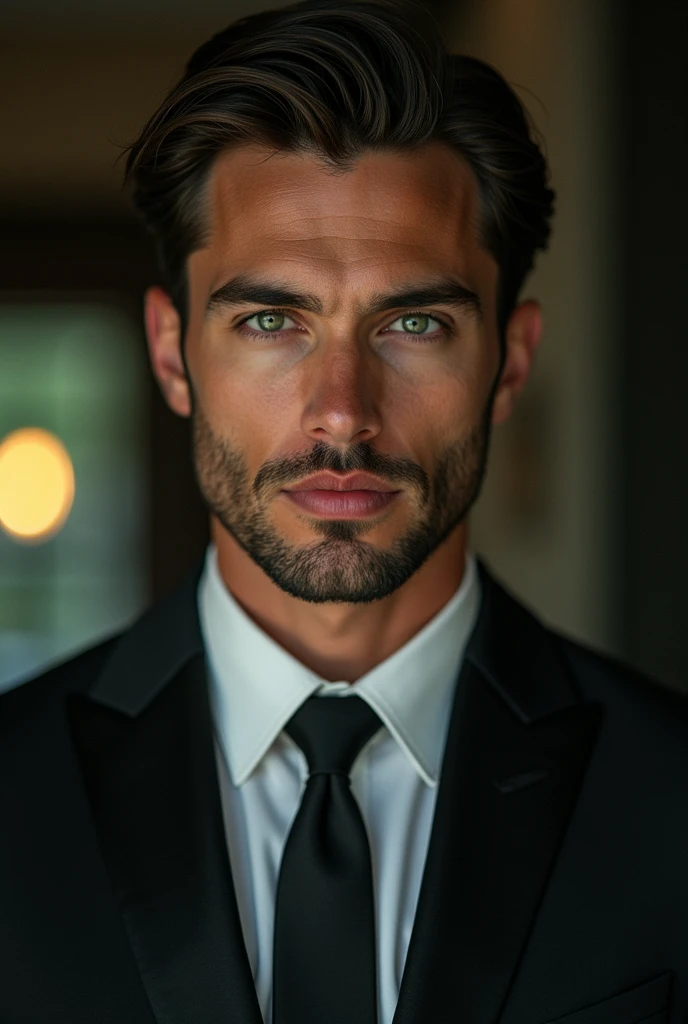 Alex volkov from twisted love, 25 year old, Russian man, green jade eyes, brown slick hairs, sharp features with sharp jawline, roman nose, stubble beard, a frown on his face, serious, handsome, 6'4, lean and we'll built, wearing an expensive nine piece suit, hot, masculine, sharp seductive eyes