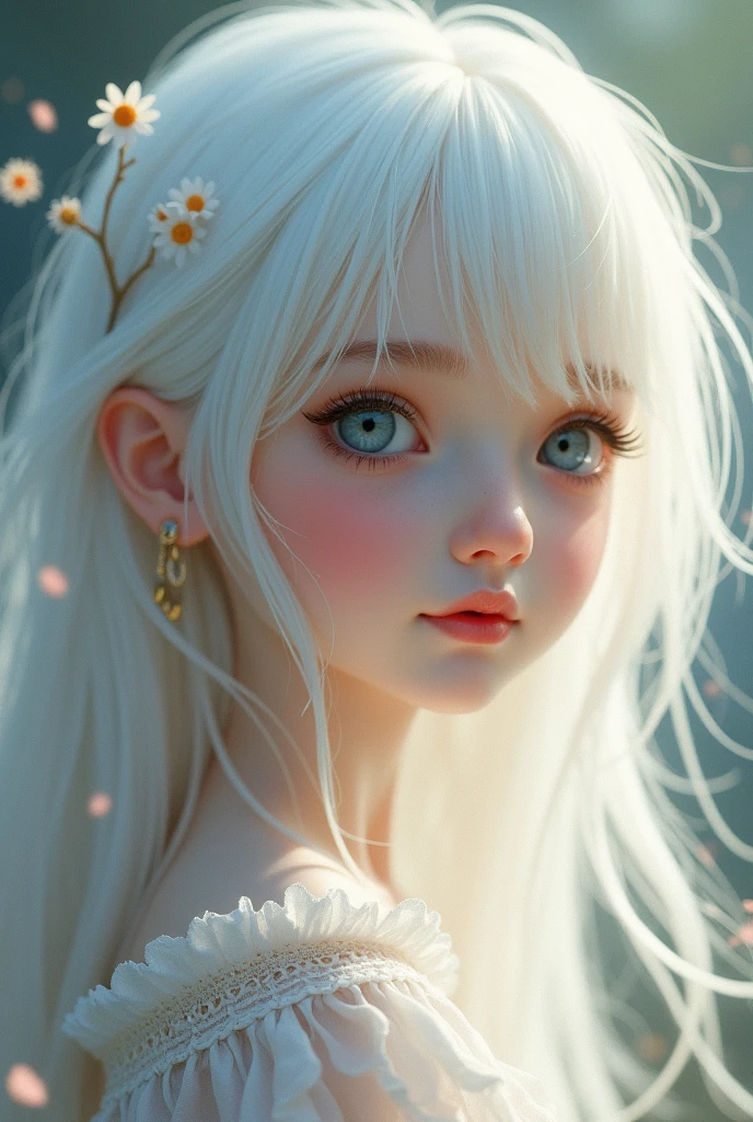 White hair, cute, blue eyes, flower, clear double eyelids, light pouring down, teenager