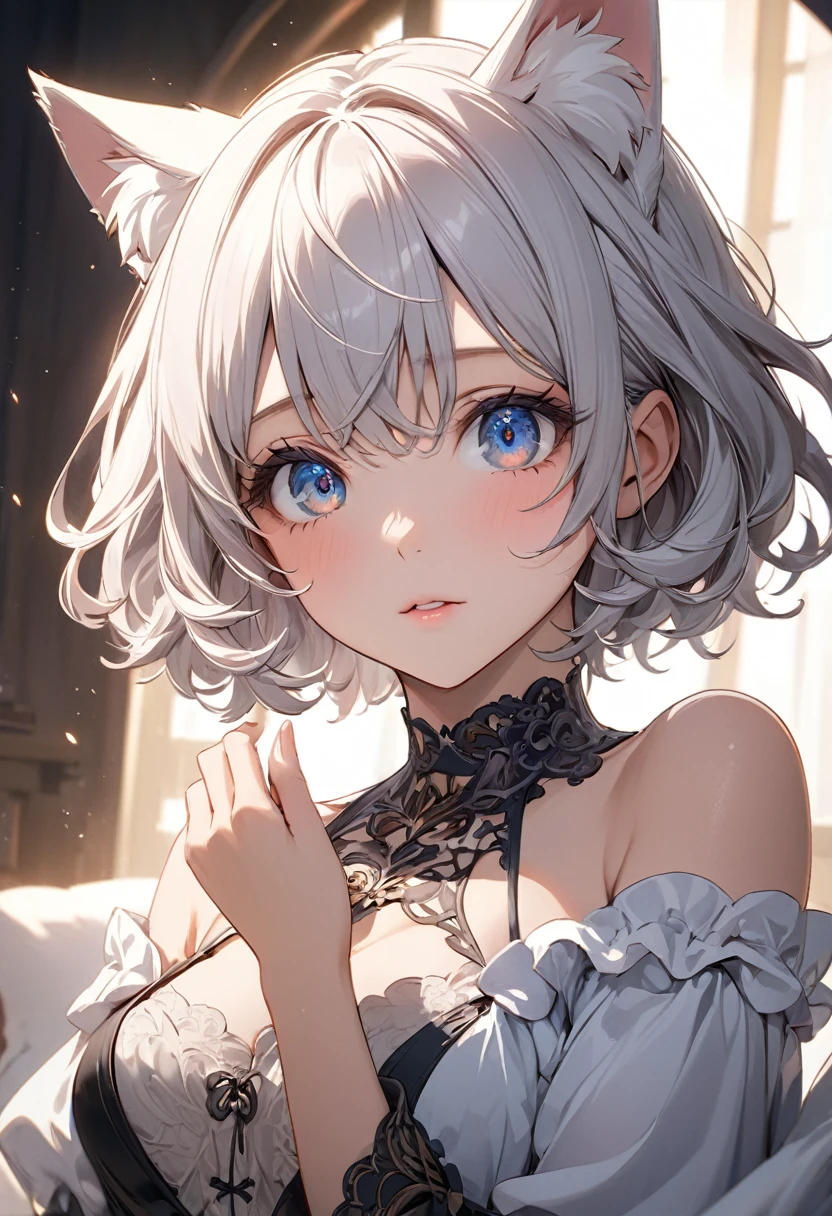 neferpitou, neferpitou, short hair, (red eyes:1.5), animal ears, tail, white hair, shorts, cat ears, cat tail, curly hair, (small breast:1.2), BREAK looking at viewer, BREAK outside, BREAK (masterpiece:1.2), best quality, high resolution, unity 8k wallpaper, (illustration:0.8), (beautiful detailed eyes:1.6), extremely detailed face, perfect lighting, extremely detailed CG, (perfect hands, perfect anatomy),