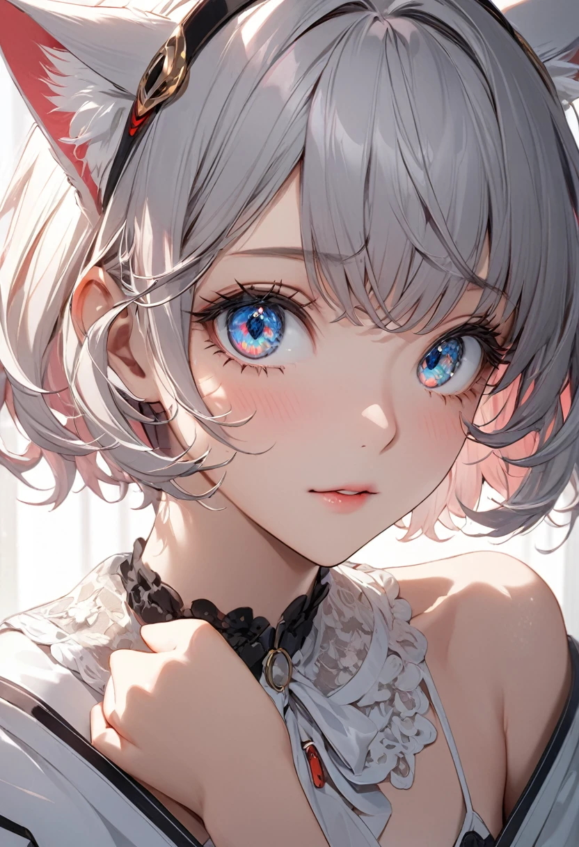 neferpitou, neferpitou, short hair, (red eyes:1.5),  animal ears, tail, white hair, shorts, cat ears, cat tail, curly hair, (small breast:1.2), BREAK looking at viewer, BREAK outside, BREAK (masterpiece:1.2), best quality, high resolution, unity 8k wallpaper, (illustration:0.8), (beautiful detailed eyes:1.6), extremely detailed face, perfect lighting, extremely detailed CG, (perfect hands, perfect anatomy),