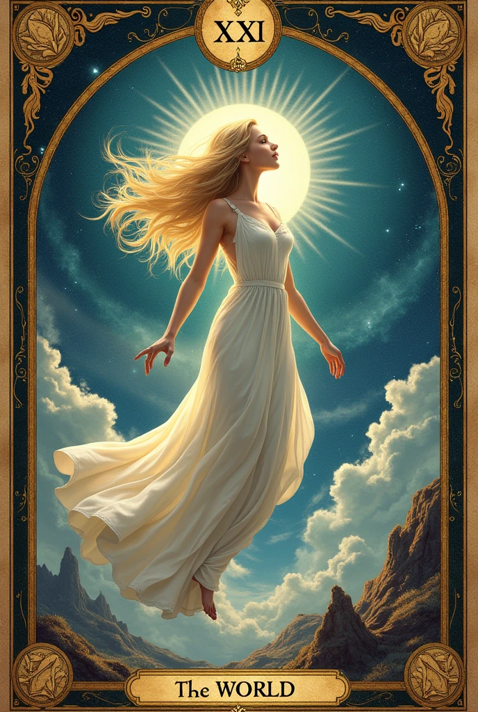 a card, intricate detailed tarot card illustration, tarot card, tarot card "the word", card header text "XXI", card footer text "The World", text font style medieval, blond hair goddess, white dress, floating in the sky, (infinity symbol background), cinematic lighting, dramatic shadows, vivid colors, rich color palette, surreal tarot card, mystical landscape, shimmering details, ornate patterns
