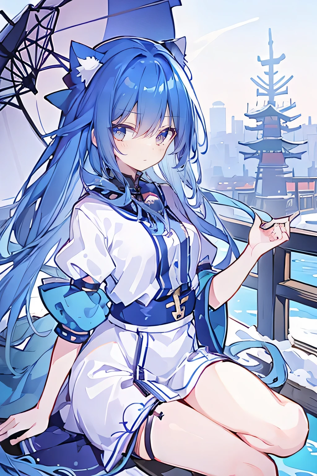 (masterpiece:1.2),Ultra-detailed,lifelike,The eyes are expressive,Fair skin,Perfect face shape,1 girl,
Japanese Manga,Gorgeous blue hair,Flowing blue hair,Flowing clothes,Cat's ears,Petals falling,Beautiful Lola,little angel,
Cross your legs,Gentle and peaceful background,The pavilion is cool and comfortable,Smile,Tokyo background,background,snow,winter,Back。
