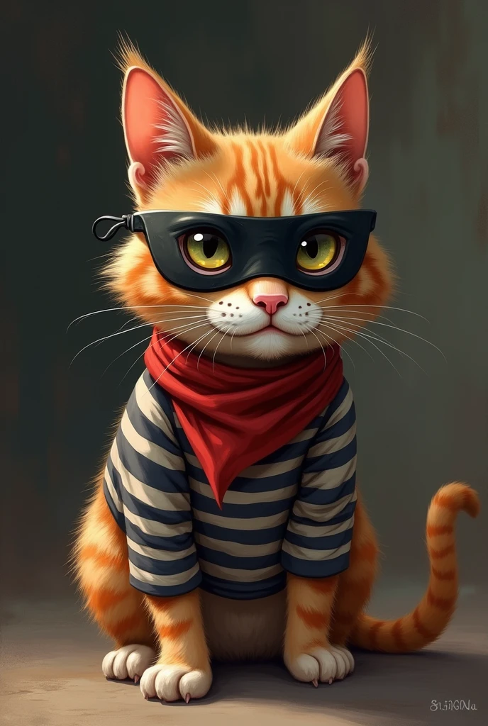 A square, comical yet serious image of a cat dressed as a 'dakat' (robber) in a Bengali setting. The cat wears a small black mask over its eyes, like a classic robber's disguise, with a striped shirt or a bandana to enhance the effect. The cat's expression is serious and determined, as if it’s about to commit a heist, adding a humorous contrast to the situation. The background is simple, hinting at an indoor or rural setting, keeping the focus on the cat. The image blends a serious tone with lighthearted, funny elements.