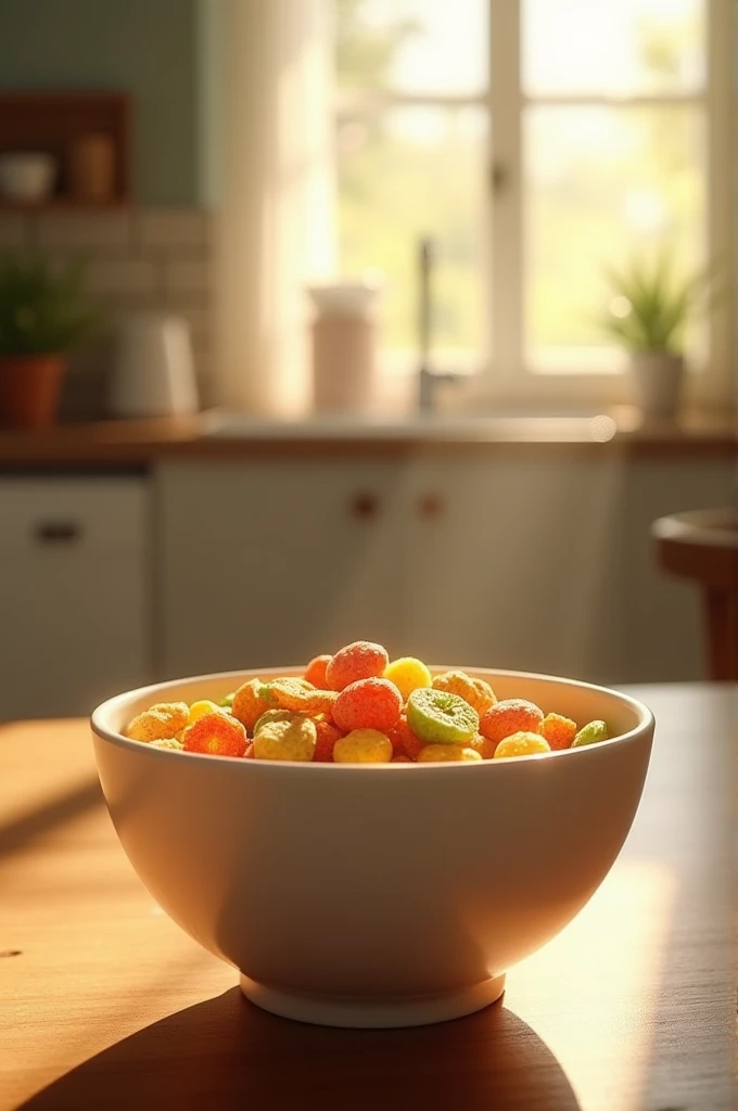 In the foreground, a bowl of cereal is on the table
