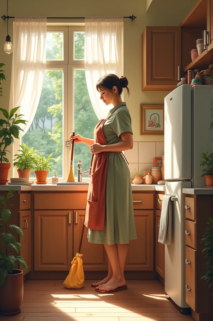 Lady cleaning the house