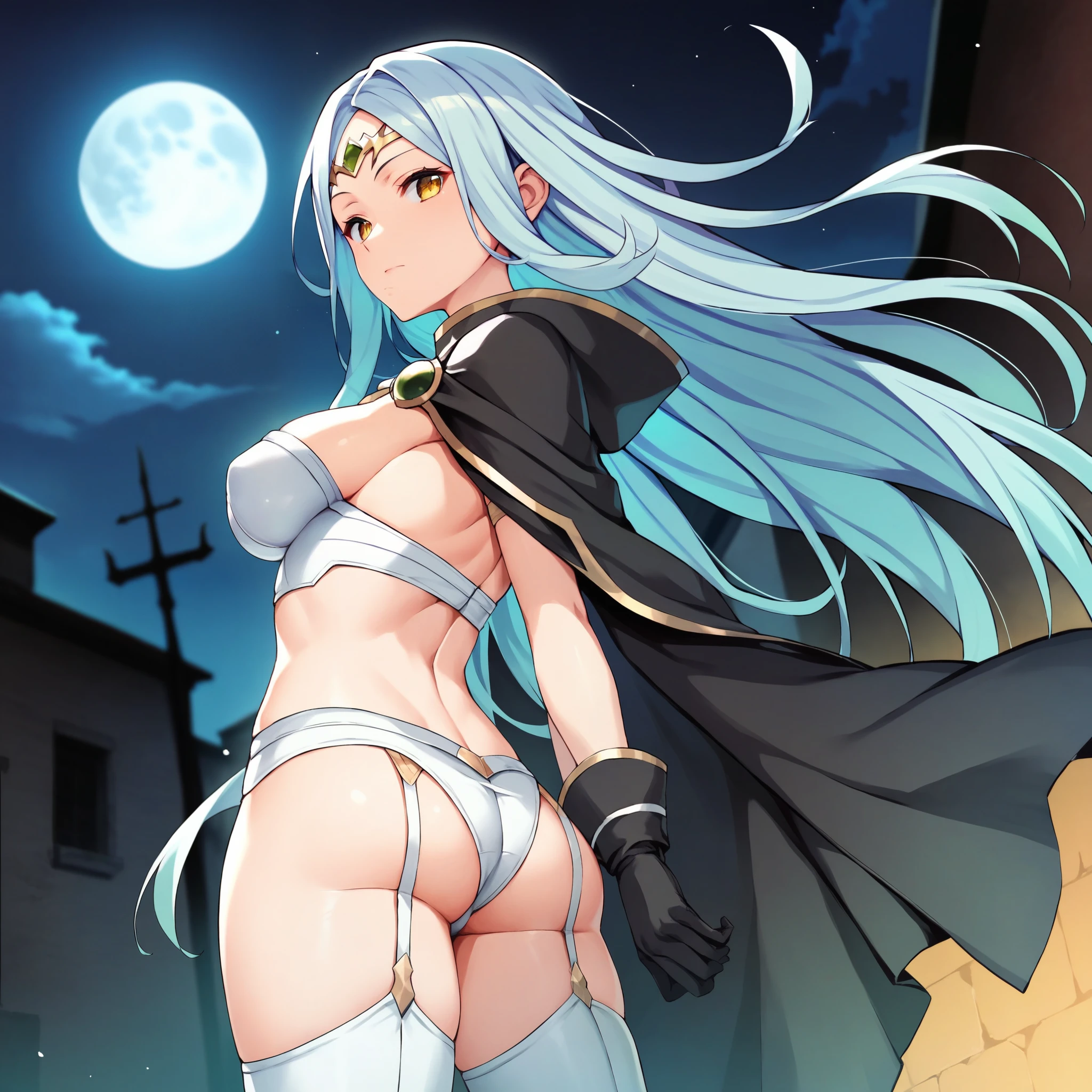 score_9, score_8_up, score_7_up, score_6_up, BREAK source_anime, best quality, masterpiece,
1girl, solo, nowi feh, white clothing, two-piece bodysuit, silvery shining bodysuit, midriff, long blue hair, yellow-eyes, circlet, black cape, big breasts, black gloves, white multiple belts, garter straps, thighhighs, black thigh boots, expressionless, looking at viewer, night sky, post-apocalypse, crumbling city on background, late night, moon, dark alleyway, detailed face, from behind, back, rear back,