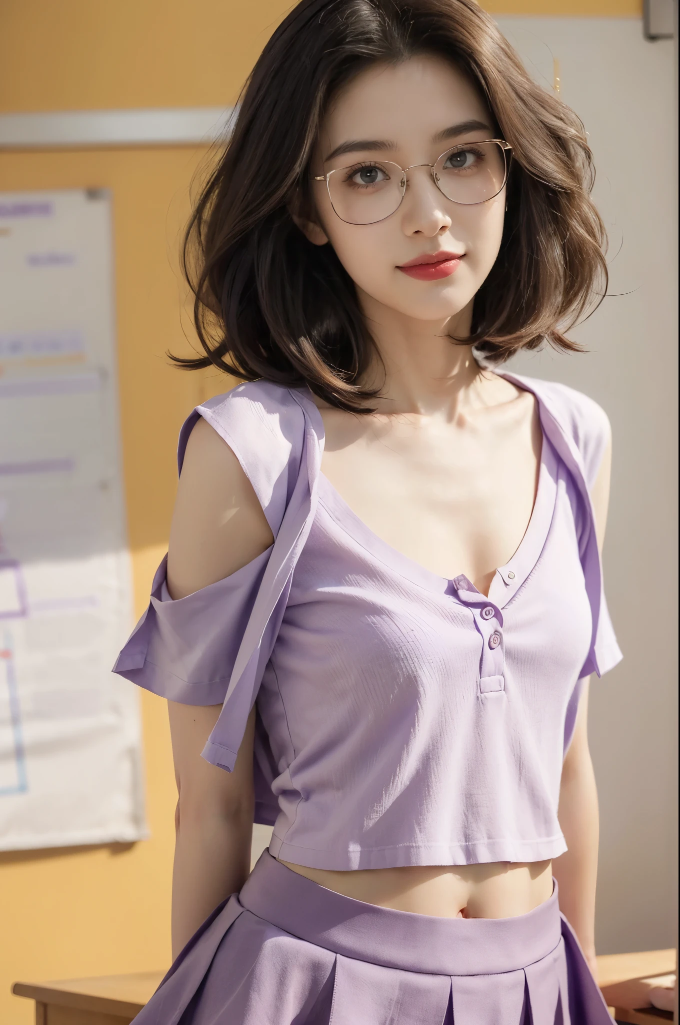 (((best quality))),(((ultra detailed))),(((masterpiece))),illustration,((1 beautiful young girl,female teacher,solo)),(shoulder-length wavy bob:1.3),(glasses:1.2),((slim,thin)),((small breasts,flat chest,cleavage,navel)),(summer:1.3),(indoor:1.2),(in classroom:1.3),(light purple collared short-sleeved shirt:1.3),(open shirt:1.5),(maxi purple skirt:1.3), elegance, confidence, professional attire, fashionable, personal style, wall posters, maps, colorful, learning, organized, desks, chairs, whiteboard, important information, diagrams, bright eyes, focused, gentle smile, warmth, kindness, positivity, enthusiasm, inspiring, students, joy, intelligence, snapshot, dedication, grace,((from front,upper body))