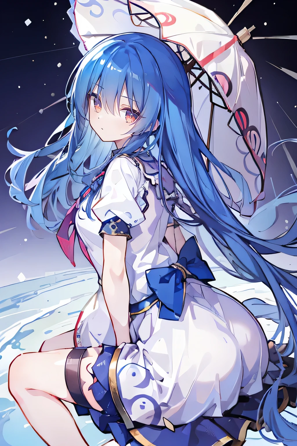 (masterpiece:1.2)，Ultra-detailed，lifelike，The eyes are expressive，Fair skin，Perfect face shape，1 girl，
Japanese Manga，Gorgeous blue hair，Flowing blue hair，Flowing clothes，Cat&#39;s ears，Petals falling，Beautiful Lola，little angel，
Cross your legs，Gentle and peaceful background，The pavilion is cool and comfortable，Smile，Tokyo background，background，snow，winter，Back。