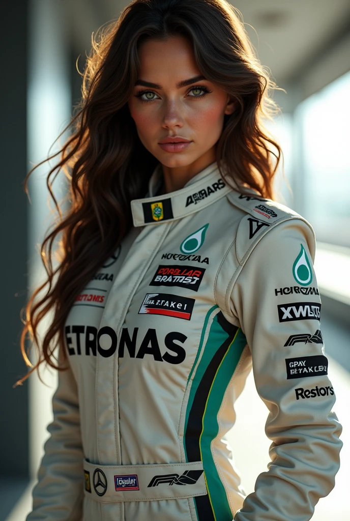 A 20 year old girl, Formula 1 driver, exudes a captivating beauty and an aura of mystery. She has striking features that combine Italian elegance with Brazilian warmth.. Your brown hair, slightly wavy, fall to the waist, contrasting with her pale skin, which reflects the unique blend of its Italian-Brazilian origins. Your dark green eyes are expressive. His expression is always serious and cold, revealing his relentless determination. She wears a black Mercedes team jumpsuit., perfectly adjusted to your athletic body, that enhances your slender figure, mas forte. The uniform features the Brazilian coat of arms, highlighting your nationality with pride. With a firm stance, Confident and intimidating.