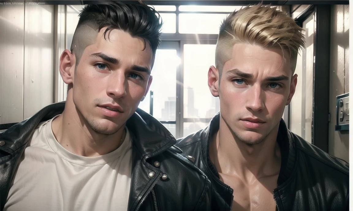 [((highly detailed, detailed eyes, detailed face, clear and realistic facial features, photorealistic, realistic light; cinematic)), Austin is an handsome masculine intimidating 18-year-old Puerto Rican punk with blue-green eyes who wears a tough leather outfit and has black hair that is shaved at the sides and tinted red on top. James is a sexy masculine confident 18-year-old Caucasian jock with brown eyes who wears a varsity jacket and has blond hair in an undercut. Austin and James stand in a school hallway leaning in and looking at each other with tension between them as Austin glares menacingly and James look smug and wears a smirk.]