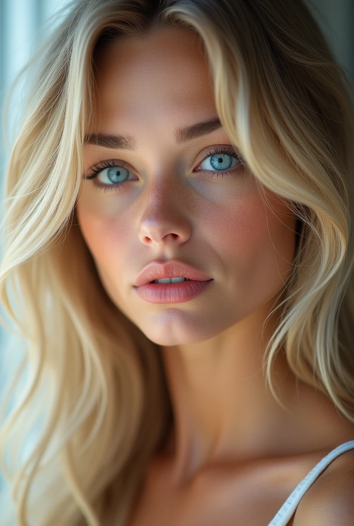 (Photorealism:1.2),beautiful woman blue eyes blonde without makeup beautiful lips