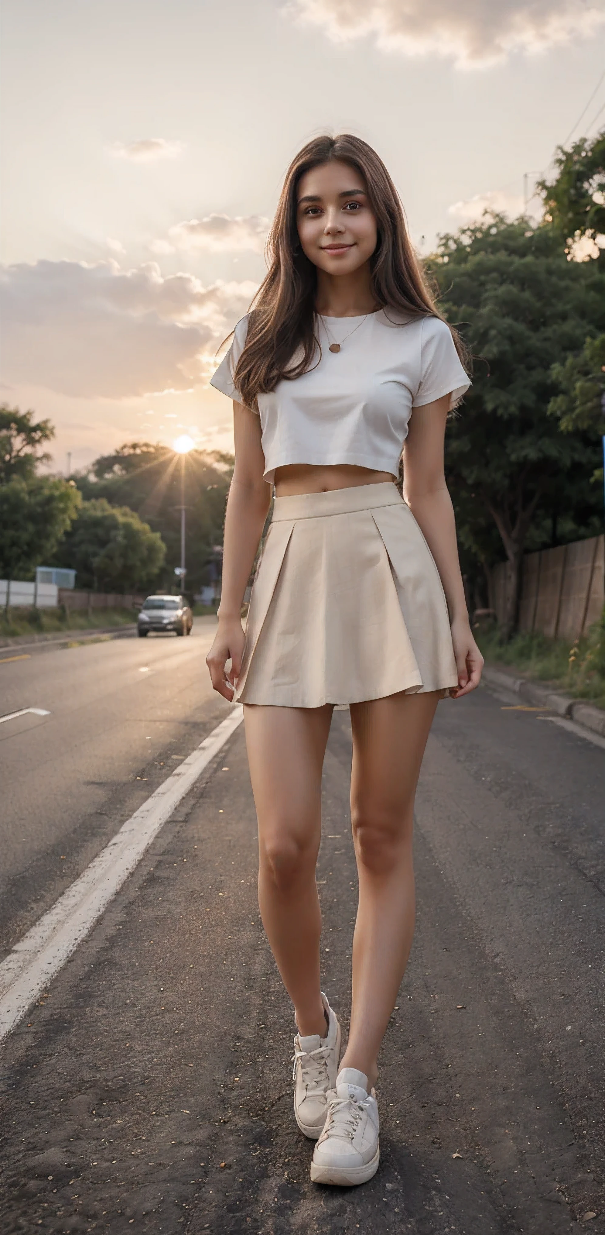 A cute girl with long brown hair and a round face in a white crop top  standing on the roadside wearing a JK skirt.。Smile without bangs at sunset。Wearing a pair of canvas shoes on her feet