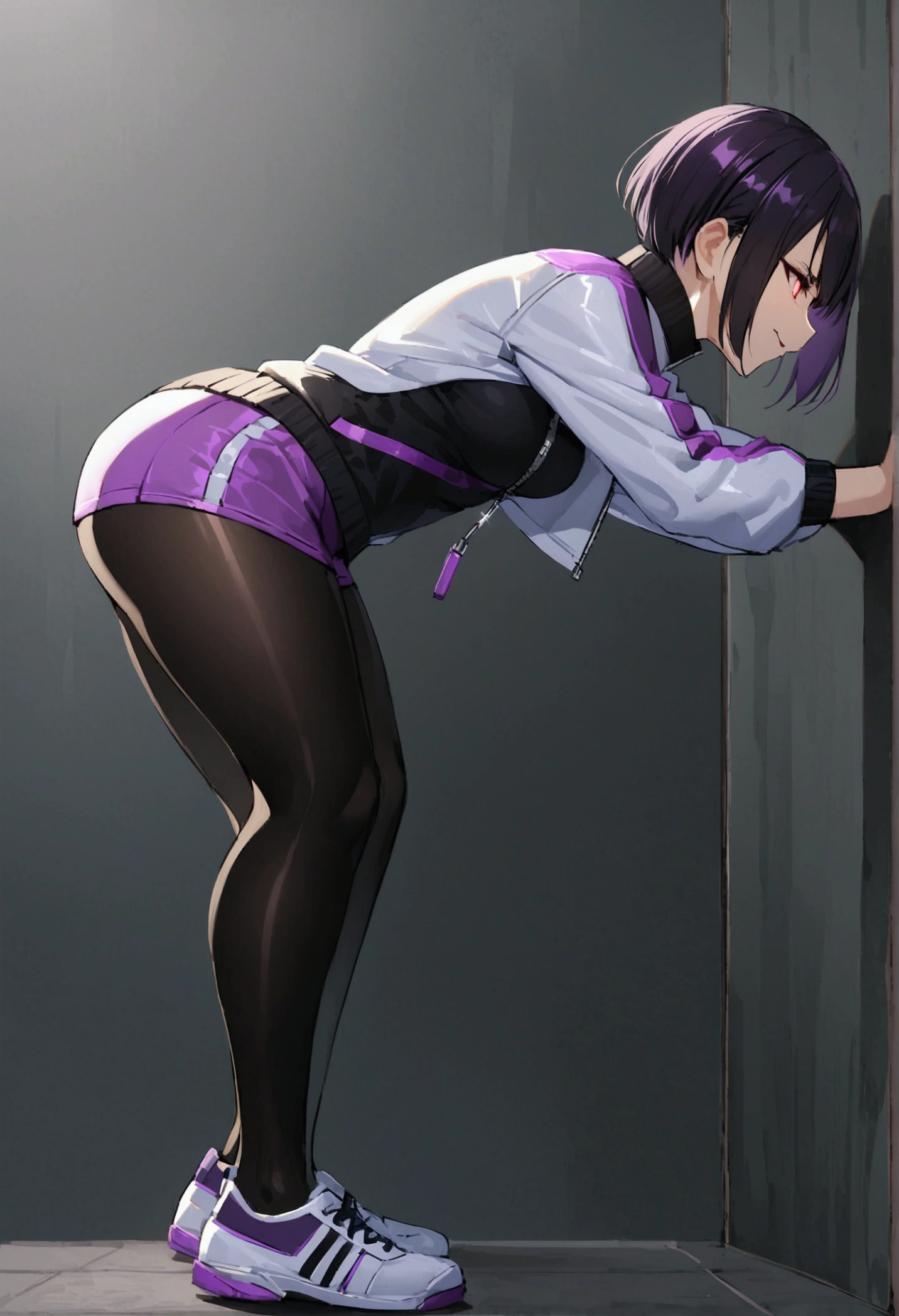 standing,alone,short hair,work of art,face detailed,beautiful young fitness woman with , in a gym wearing May with black pantyhose, white and purple tight short gym jacket. standing alone,red eyes glowing,Evil smile,legging preto ,labiaa,dark eye shadow,shining eyes,a hand leaning against the wall,neckleace,jacket zipper half open,Tight black shirt,white sports tennis shoes,short hair with purple details,beautiful curves,whole body,hair with purple details,labiaa,detailed face and eyes,work of art,sexy look,crouched,pefil from sideways,from sideways,confrontation

