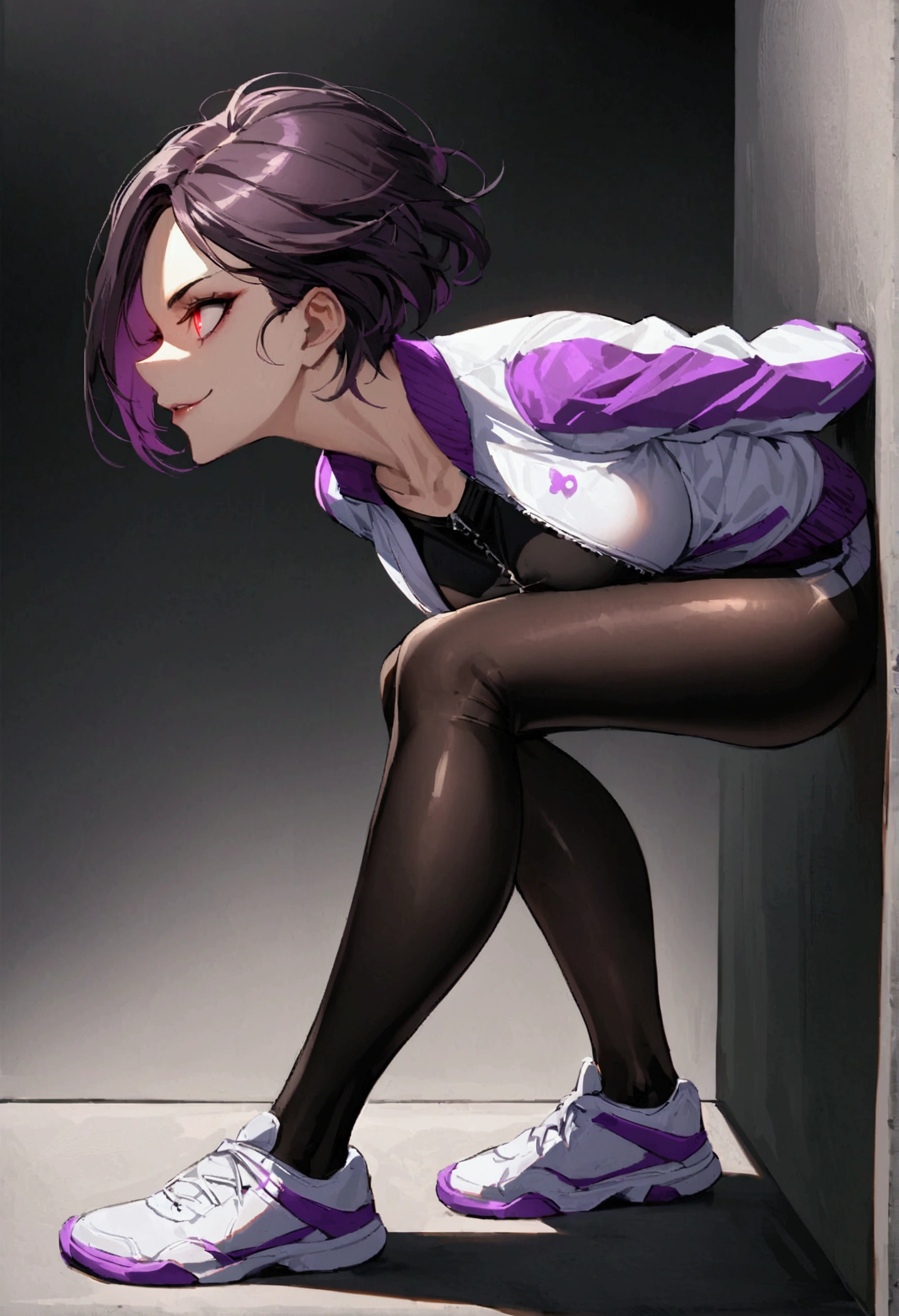 standing,alone,short hair,work of art,face detailed,beautiful young fitness woman with , in a gym wearing May with black pantyhose, white and purple tight short gym jacket. standing alone,red eyes glowing,Evil smile,legging preto ,labiaa,dark eye shadow,shining eyes,a hand leaning against the wall,neckleace,jacket zipper half open,Tight black shirt,white sports tennis shoes,short hair with purple details,beautiful curves,whole body,hair with purple details,labiaa,detailed face and eyes,work of art,sexy look,pefil from sideways,from sideways,confrontation,one hand between the thighs,pussy masturbaçao