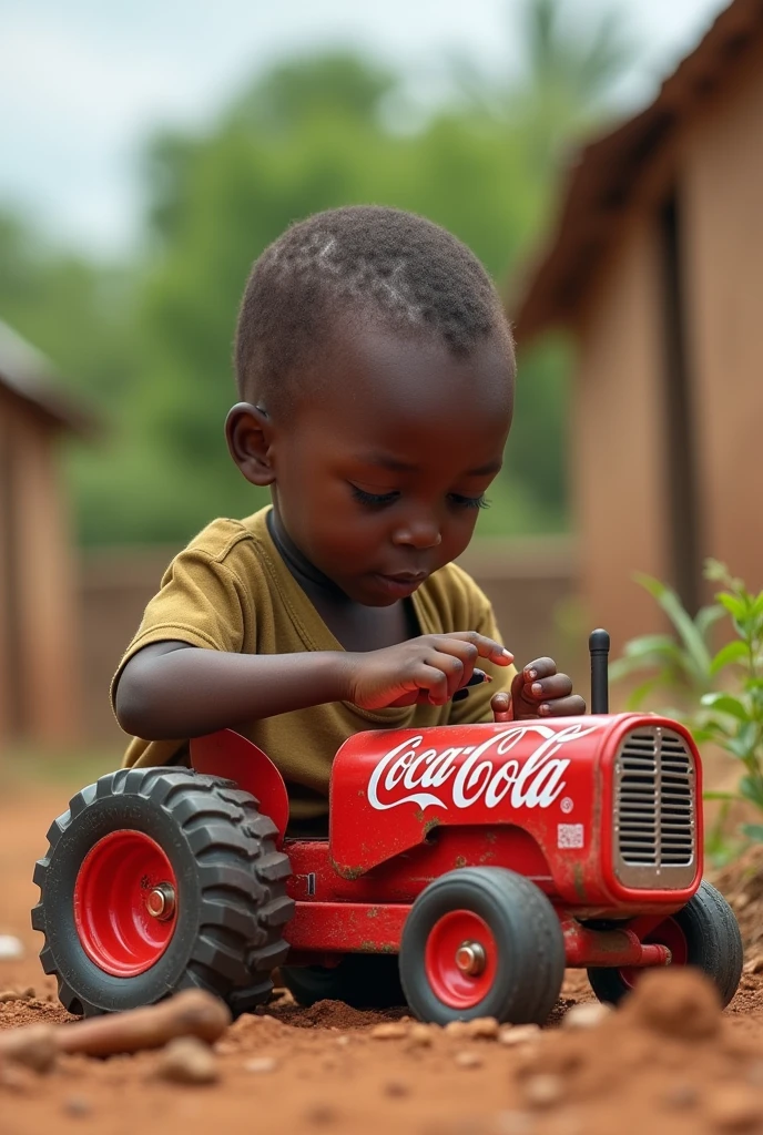 African child creating tractor with coca cola cans