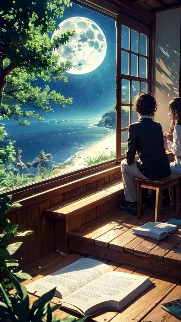 Wallpapers，tmasterpiece，best qualtiy，cinematic Film still from，Boy and girl sit together，Boy doing homework by the window，The girl looked at the starry sky，Looking at the sea in front of you，A full moon，autumnal，beachside，A huge book was outside the window,the environment should stunning, the boy and girl should look attractive, the environment must be bigger and give clear details