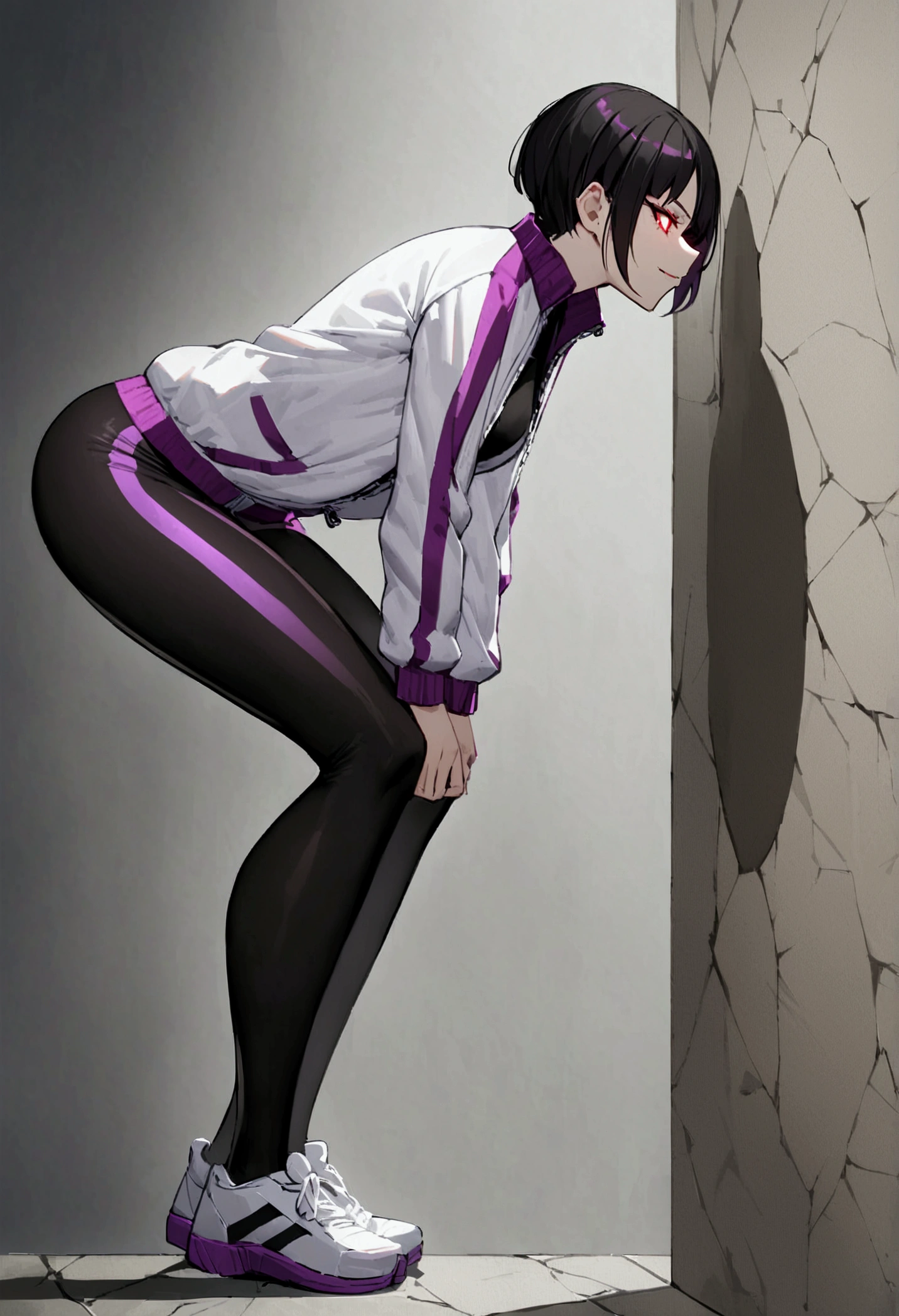 standing,alone,short hair,work of art,face detailed,beautiful young fitness woman with , in a gym wearing May with black pantyhose, white and purple tight short gym jacket. standing alone,red eyes glowing,Evil smile,legging preto ,labiaa,dark eye shadow,shining eyes,a hand leaning against the wall,neckleace,jacket zipper half open,Tight black shirt,white sports tennis shoes,short hair with purple details,beautiful curves,whole body,hair with purple details,labiaa,detailed face and eyes,work of art,sexy look,crouched,pefil from sideways,from sideways,confrontation