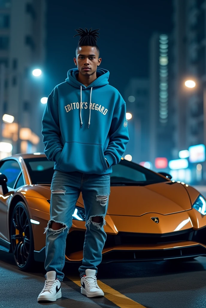 (photorealism:1.2),a 25 year old Indonesian man with Twoblok hairstyle, ripped jeans, nike jordan shoes, wearing a blue hoodie, inscribed "EDITOR&#39;S REGARD", sitting next to a blue Lamborghini sports car, city night background. Real details, hyper realistic, UHD, Photography