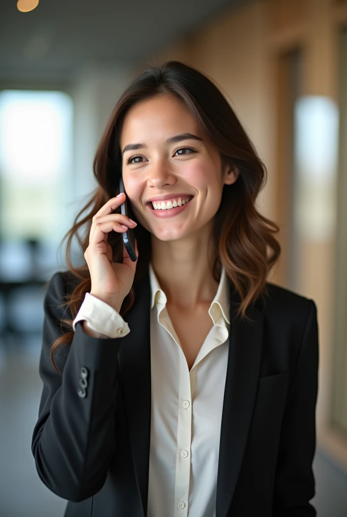 A photorealistic image of a young professional woman holding a smartphone to her ear as if receiving a call. She is smiling warmly and looks engaged in conversation. The woman should be wearing business casual attire, perhaps a blouse and blazer. She is standing in an office or home office setting with soft, natural lighting. The focus should be on her face and the phone, with the background slightly blurred. The image should have high resolution and look like a stock photo or professional photography, not an illustration or cartoon