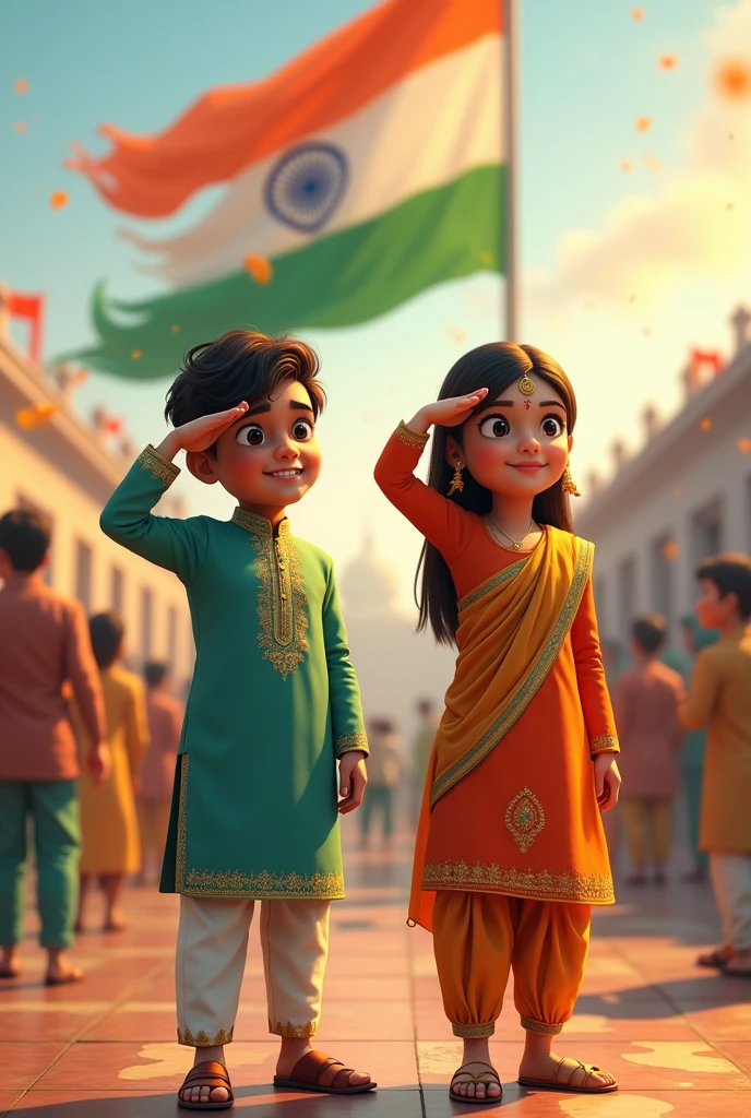 A smart boy name abhay with a girl name Priyanka both wearing the traditional dress of india and salute to indian flag oo independence day