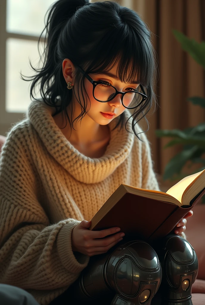 Girl wearing glasses with black butterfly frame wearing woollen sweater and with one of her legs with tin legs. She is having a leather book in her hand,with a short pony tail