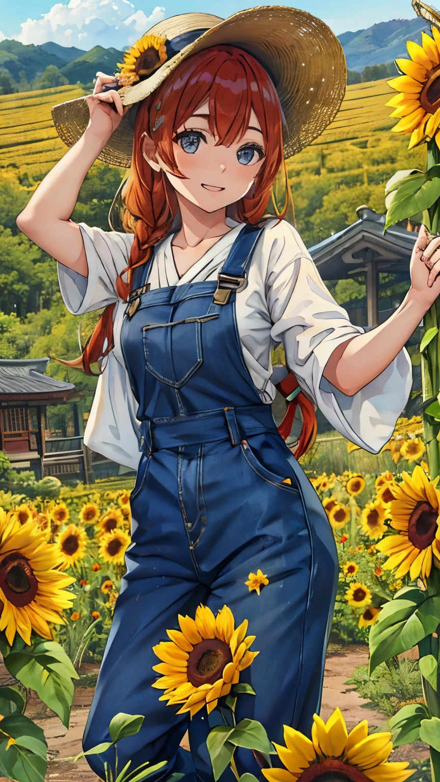 Vast sunflower field，Midsummer Sun，Braided Hair，Redhead，Dark blue overalls，Latest Design，Happy smile，Laugh a lot，Laugh heartily，Full Body Shot，Japanese，Young Girl, well-shaped eyebrows , Beautiful details, Big Eyes，Straw hat，Natural Makeup, Highly detailed skin, 8K quality, Highest quality, Realistic, Cinematic Light，young，，Latest Fashion，Masterpiece, Highest quality, High resolution,