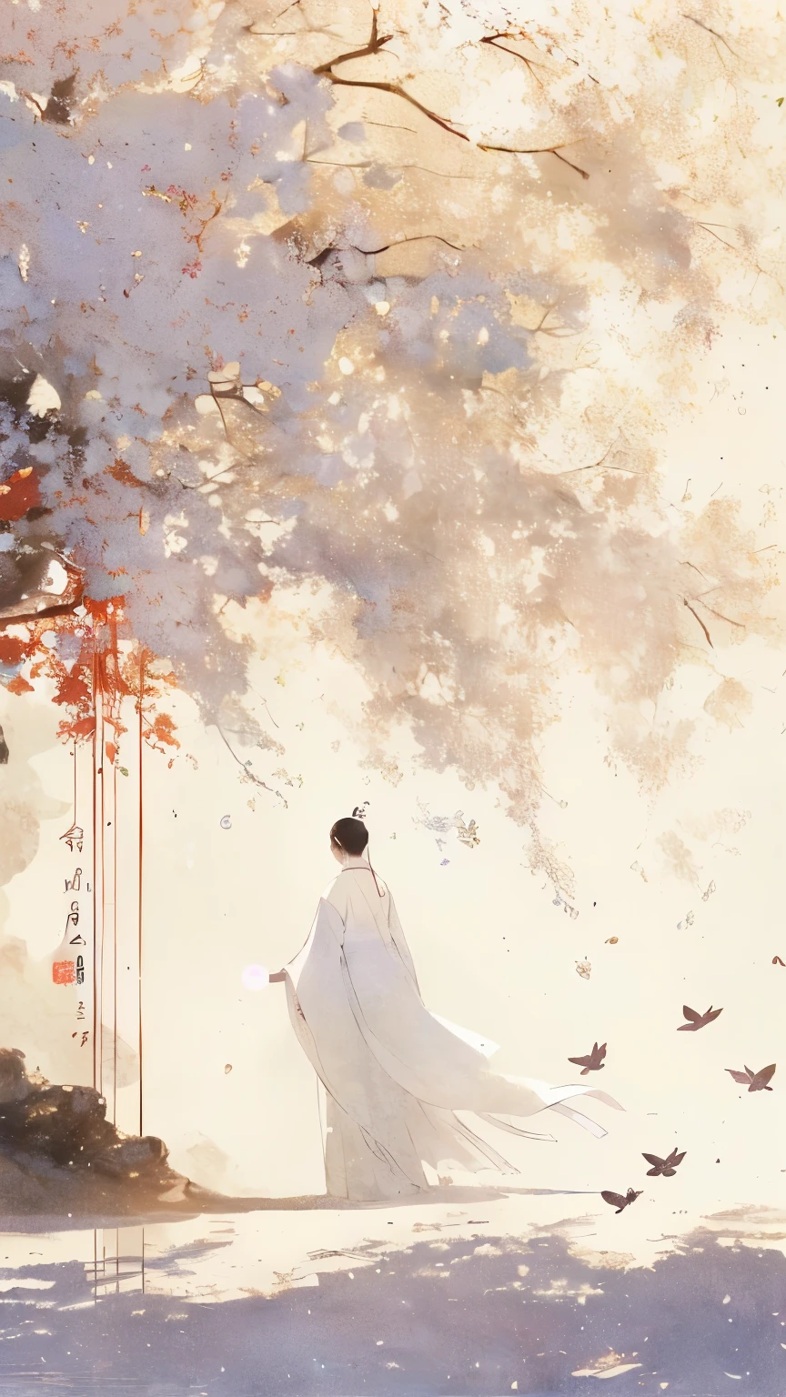 A woman in a white dress stands under a tree, palace , a girl in Hanfu, A beautiful artistic illustration, flowing white robe, white Hanfu, artwork in the style of Gu Weiss, Gu Weiss masterpiece, Chinese watercolor style, Gu Weiss, Tranquility illustration, author:Cold plum, Popular on cgstation, author:Yang J, Hanfu