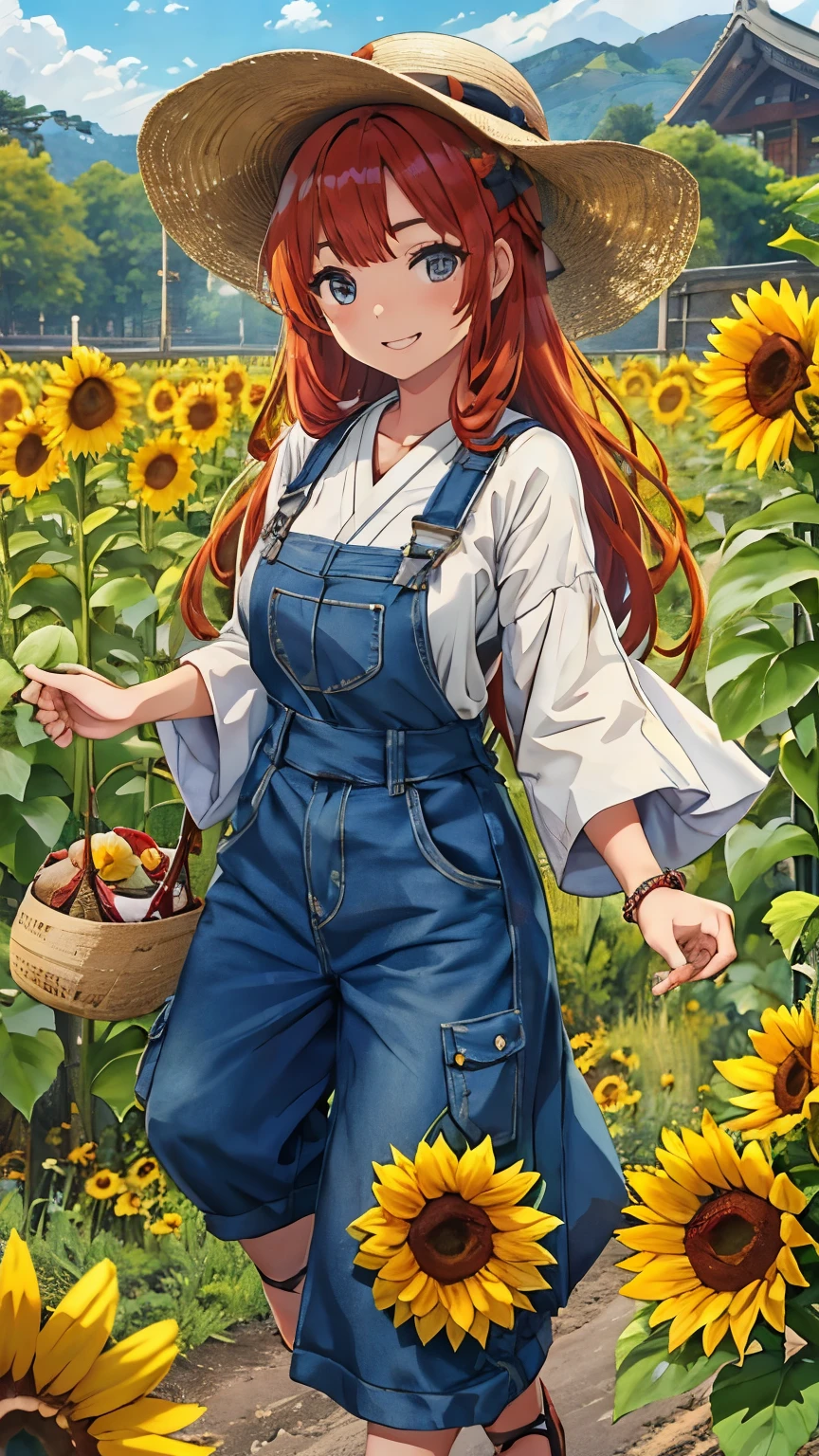 Vast sunflower field,Midsummer Sun,Braided Hair,Redhead,Dark blue overalls,Latest Design,Happy smile,Laugh a lot,Laugh heartily,Full Body Shot,Japanese,Young Girl, well-shaped eyebrows , Beautiful details, Big Eyes,Straw hat,Natural Makeup, Highly detailed skin, 8K quality, Highest quality, Realistic, Cinematic Light,young,Baby Face,Latest Fashion,Masterpiece, Highest quality, High resolution,
