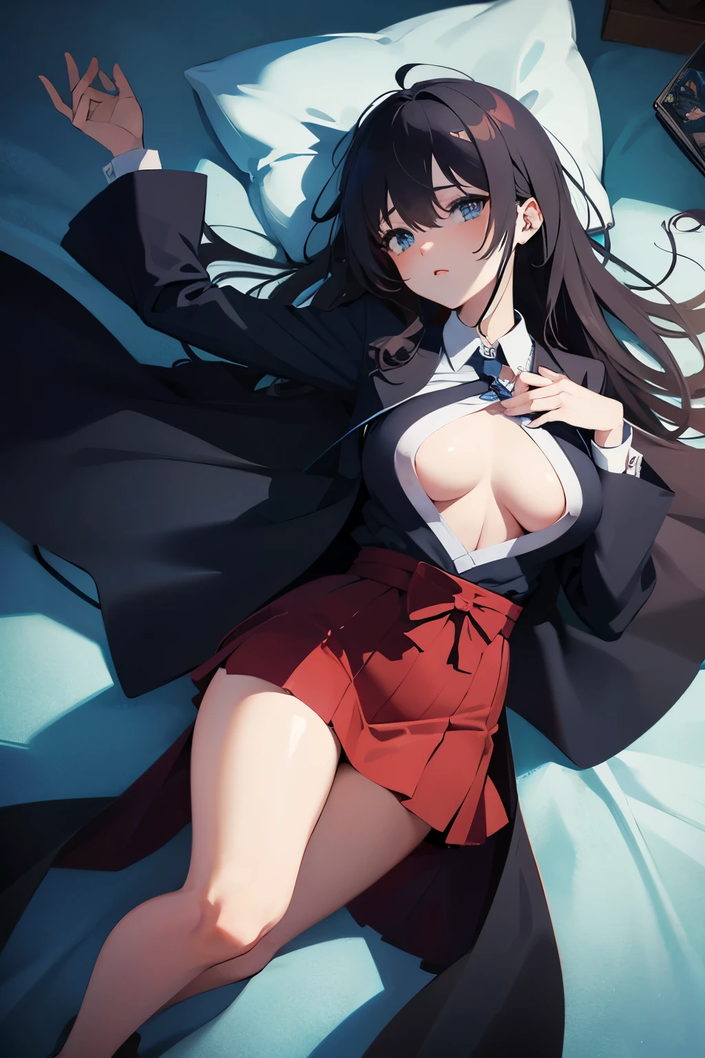 Top view of Beautiful superheroine kitten flying, with minimal school uniform, cape, symbol on chest, perfect body, busty, dark urban setting, gloomy atmosphere, Japanese manga style