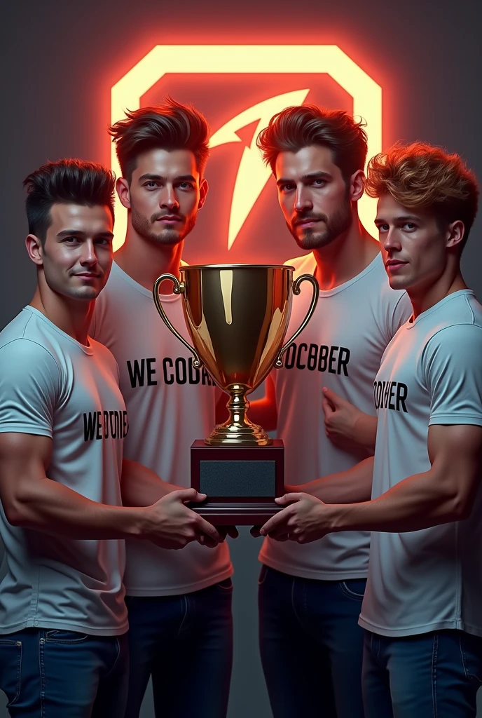 Gaming logo. Four adult boys are showing pro trophy in small size. Four adult boys have different hair colour, different hair style and muscle body. In the background logo frame. They are wearing expensive t-shirt and writing "We Conquer".