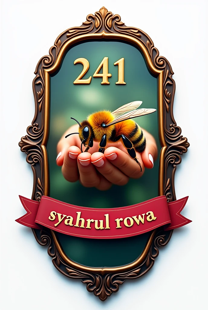 Logo design: shapes and frames: elongated, double-rimmed logo with an exquisitely carved engraving. Center picture: in the middle of a frame, place a perfectly realistic picture of a real bee in the hands clenched. Writing and ribbon: below the picture of the bee, add the bow with the inscription "syahrul rowa" in 3d model. Above the bee image, add "241" also to the 3d model. Color and effect: use a metallic shades of red and blue for the entire logo. The words "syahrul rowa" and "241" had to be made of gold and silver glass with a hue of green and pink. Background: transparent, with which logos can be applied to various backgrounds.